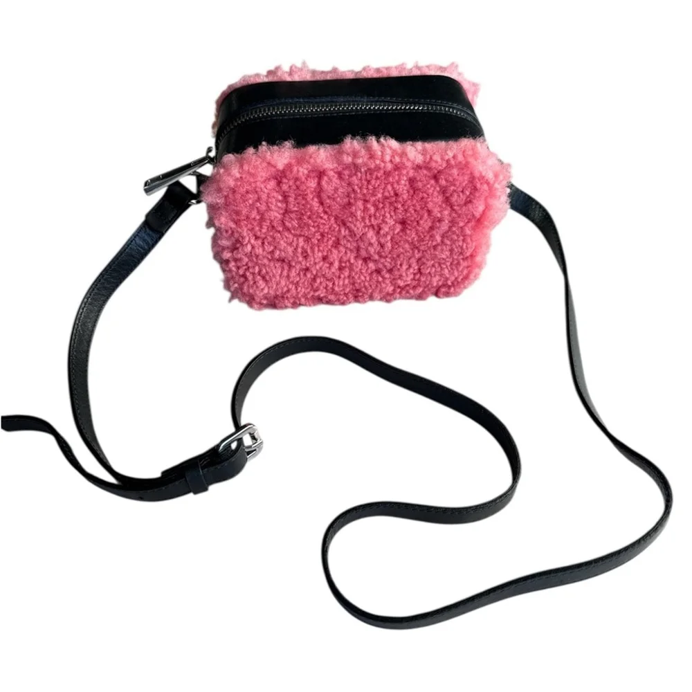 Sandro Aida Leather-Trimmed Pink Faux Fur Crossbody Bag Single Strap Rectangle